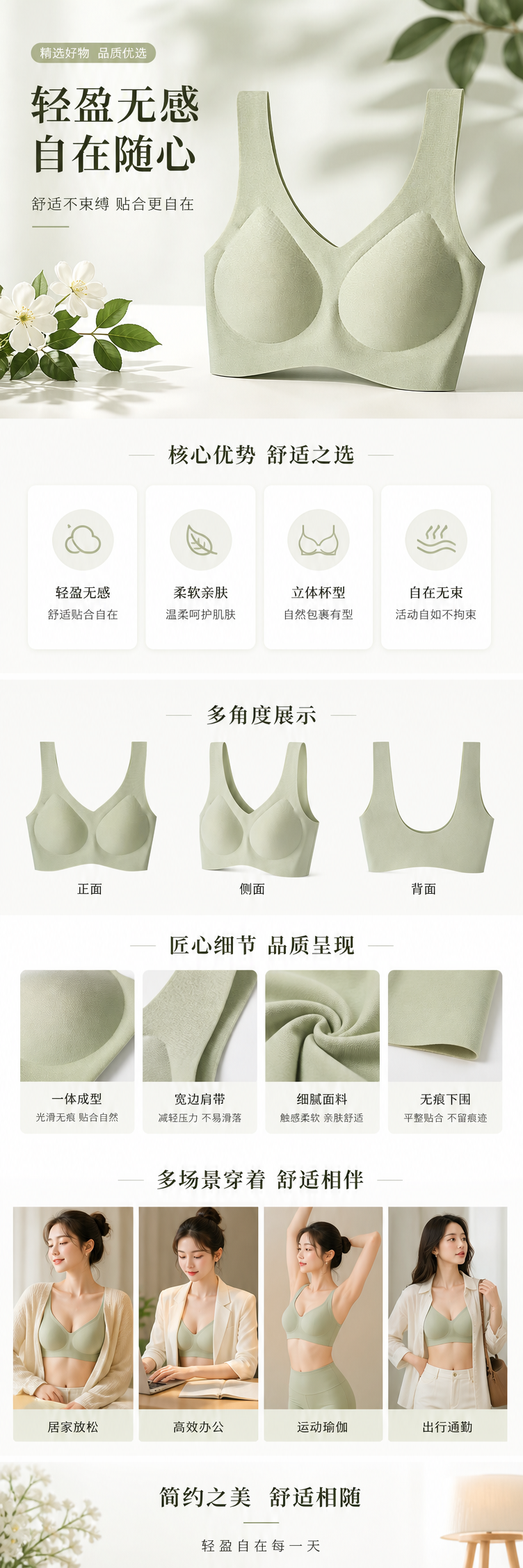 浅绿色无钢圈文胸 舒适透气聚拢调整款 pic 1