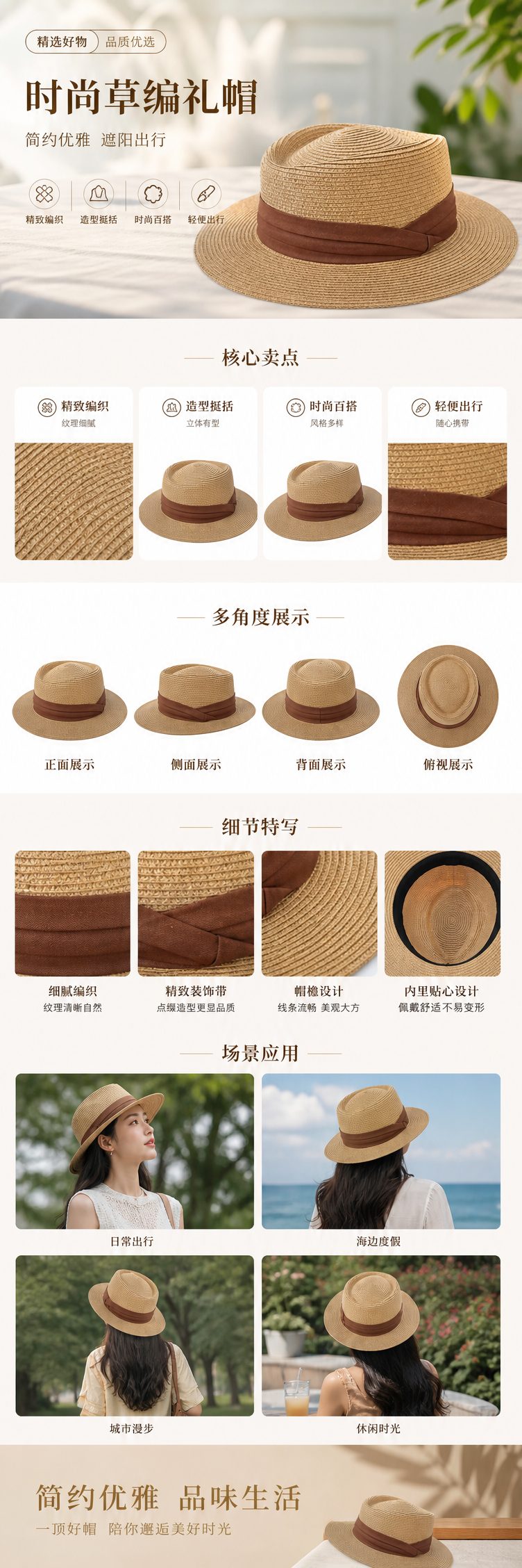 米色草帽配棕色丝带 夏日防晒编织宽檐女帽详情1