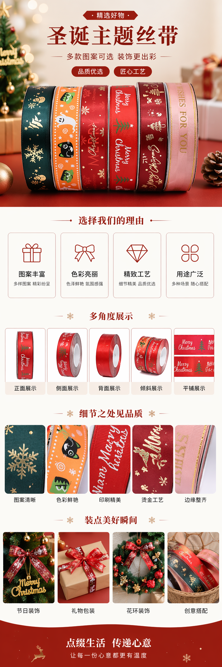 彩色圣诞主题丝带卷圣诞蝴蝶结圣诞球圣诞树装饰品圣诞印花带详情1