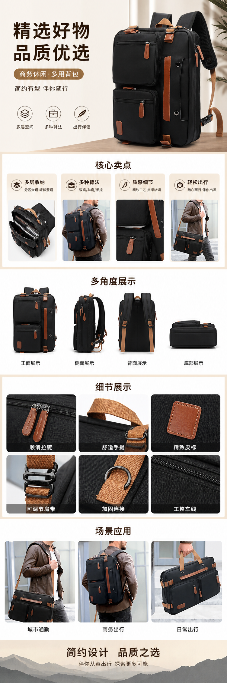 黑色多功能大容量轻便通勤背包 pic 1