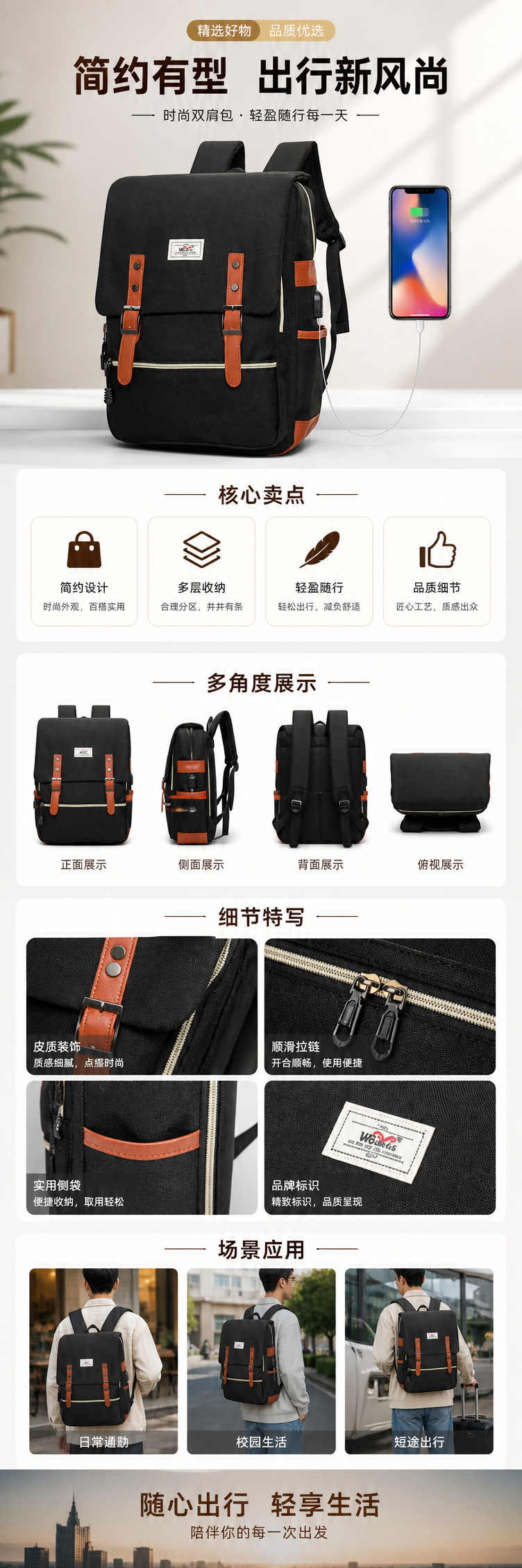 黑色双肩包配棕色皮质搭扣拉链 侧边USB充电口支持手机充电 pic 1