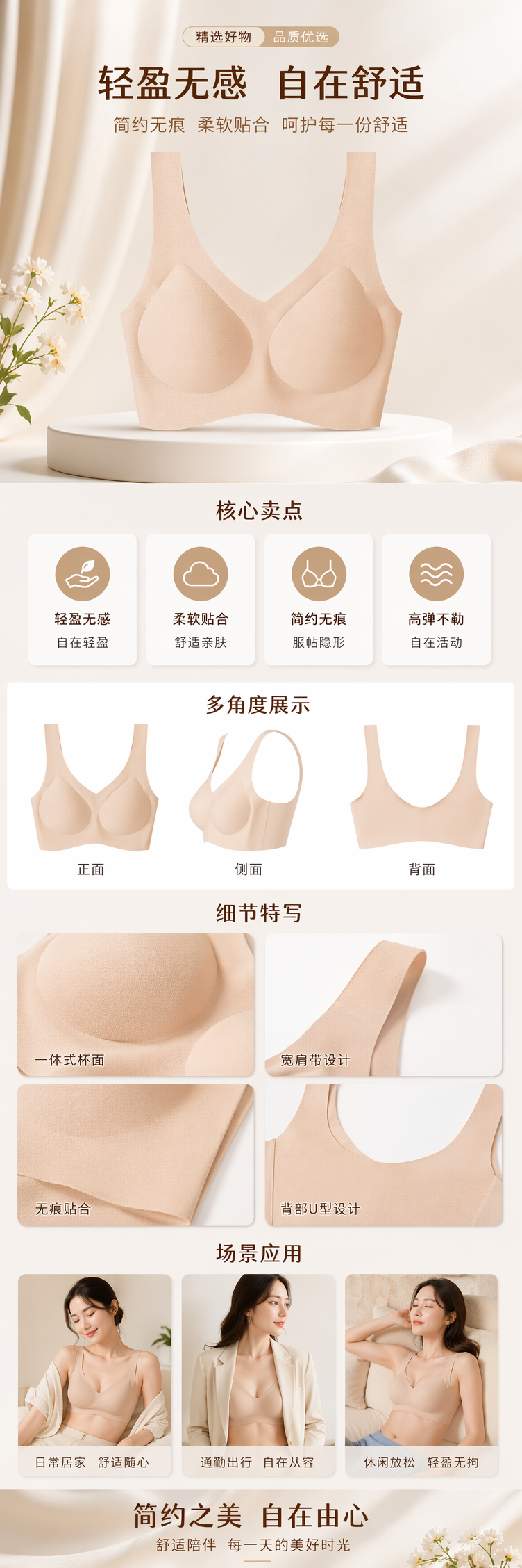 米色无钢圈文胸 柔滑棉感无痕贴身日常穿搭内衣 pic 1