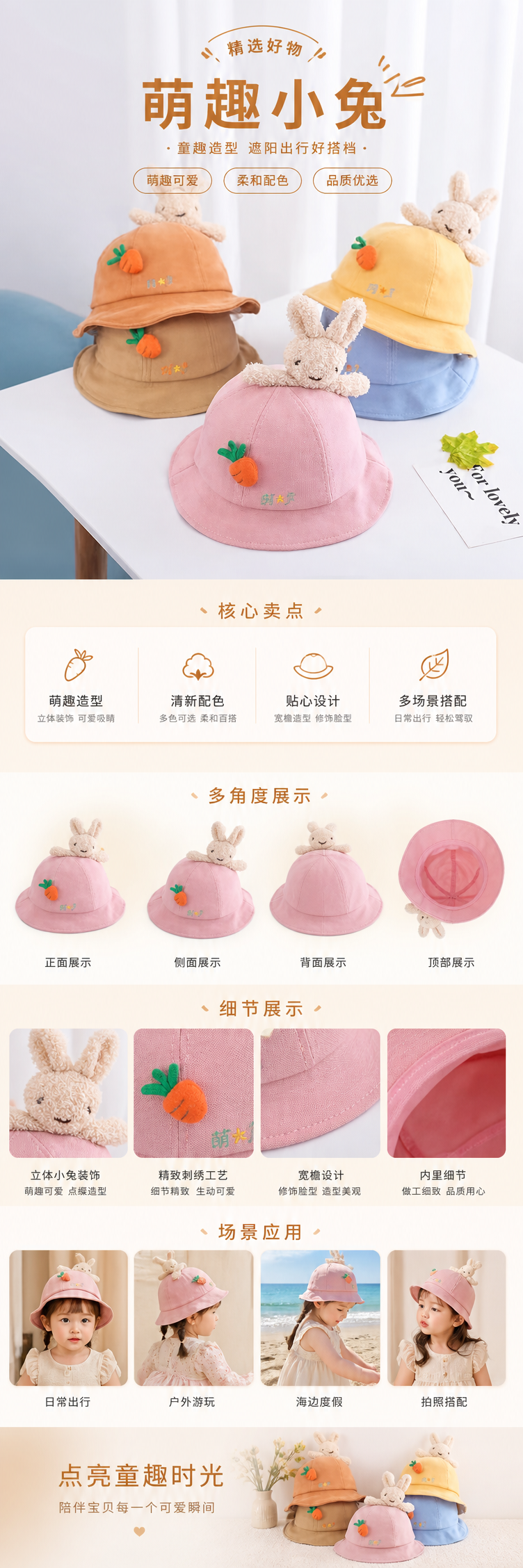 彩色渔夫帽兔子装饰帽夏季防晒透气休闲百搭帽棒球帽儿童韩版休闲详情1