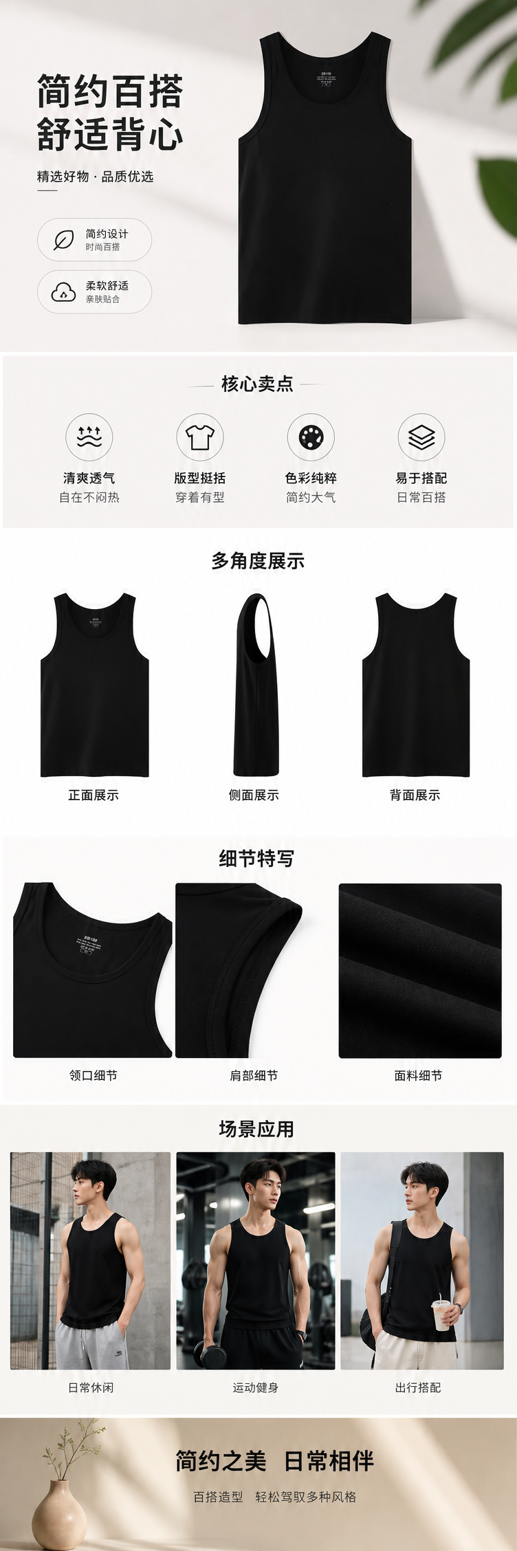 黑色纯棉修身背心 男女同款基础内搭上衣详情1