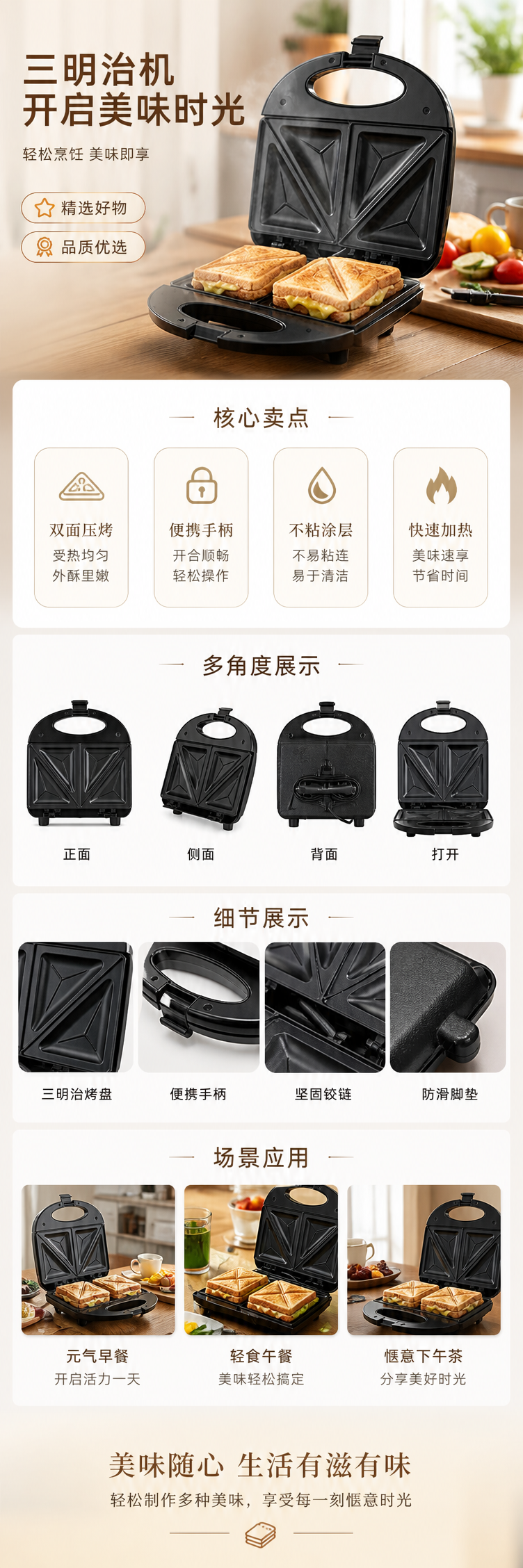 黑色三明治机家用多功能烤盘早餐机双面加热不粘涂层详情1