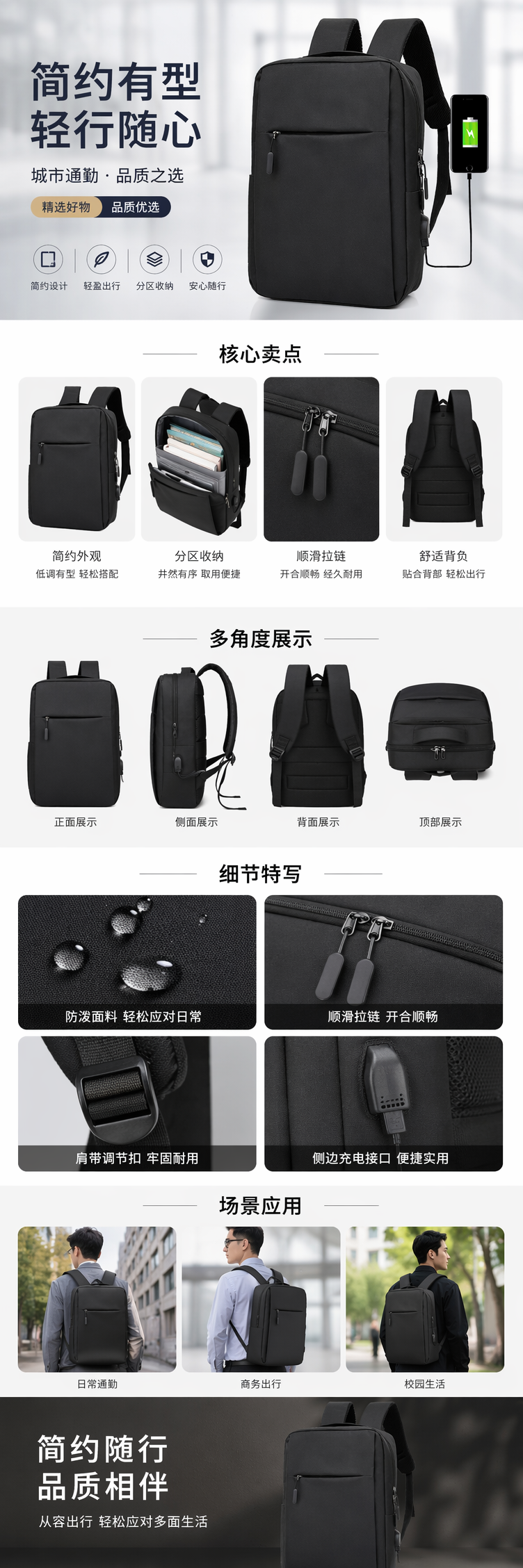 黑色简约商务休闲背包男女通用大容量轻便旅行包详情1
