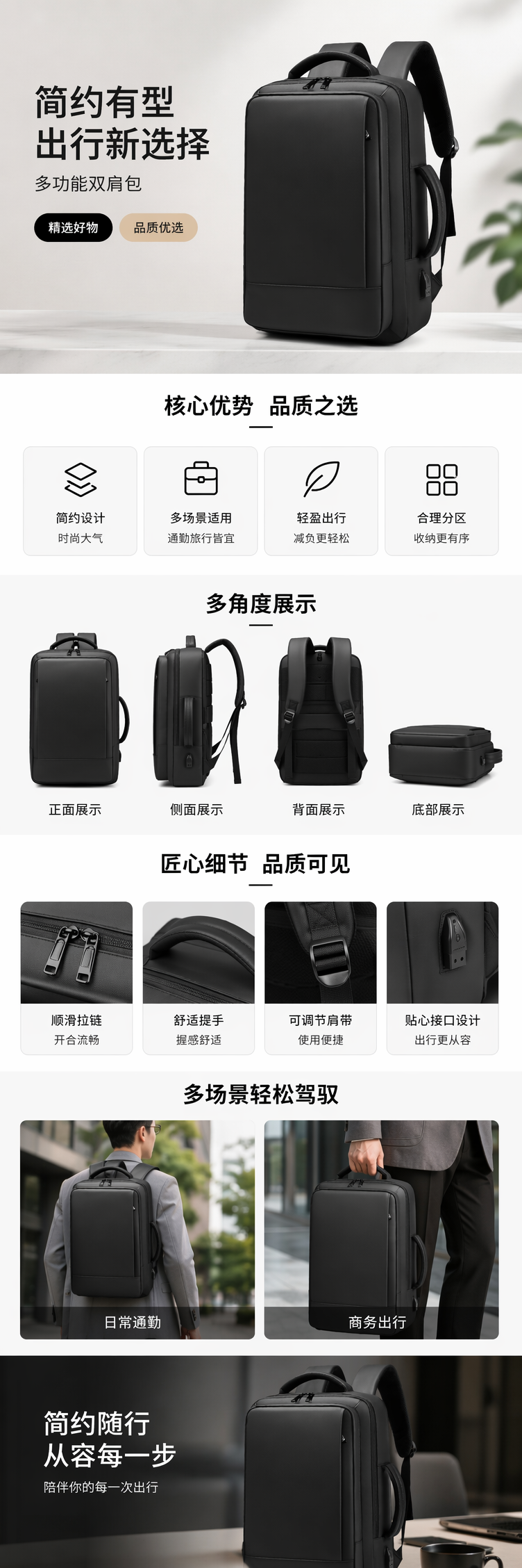 黑色双肩包耐磨尼龙通勤上学简约商务休闲 backpack pic 1