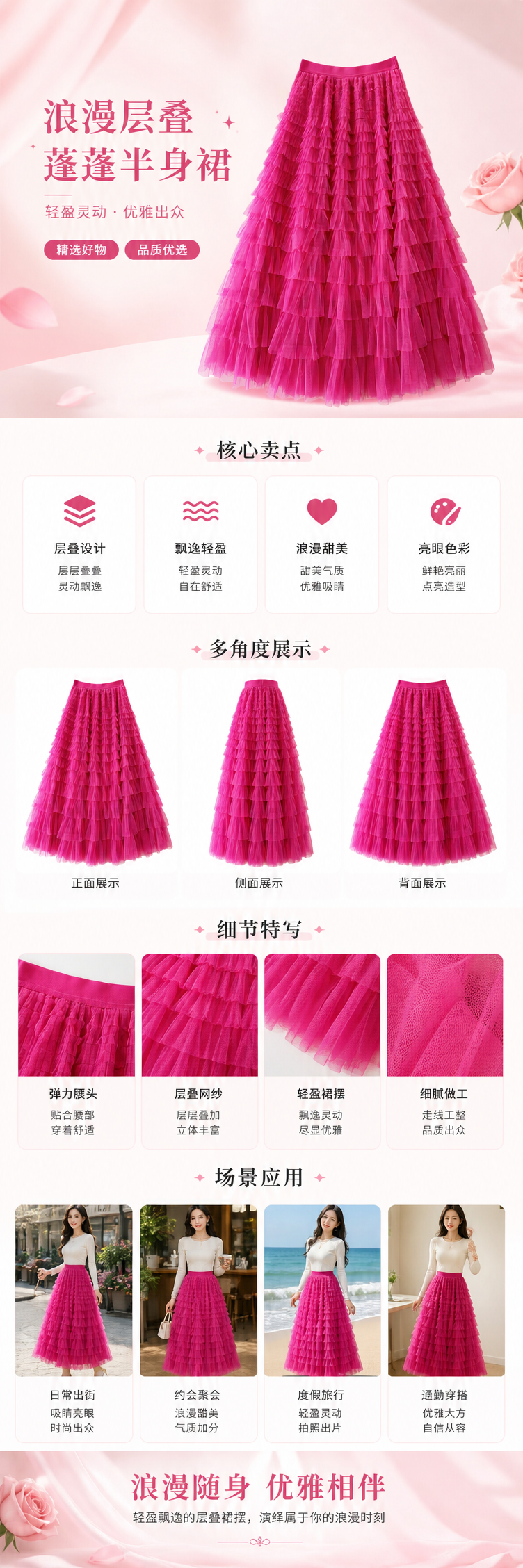 网纱半身裙2026夏季新款高腰层层蛋糕裙中长款百褶仙女纱裙子玫红色 pic 1
