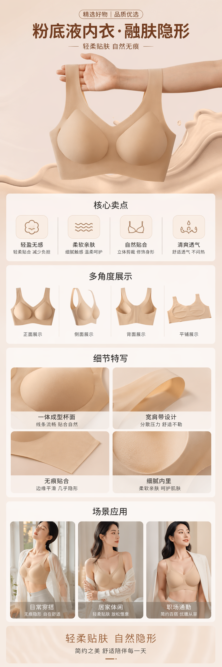 米色无痕聚拢内衣舒适透气无钢圈女士文胸详情1