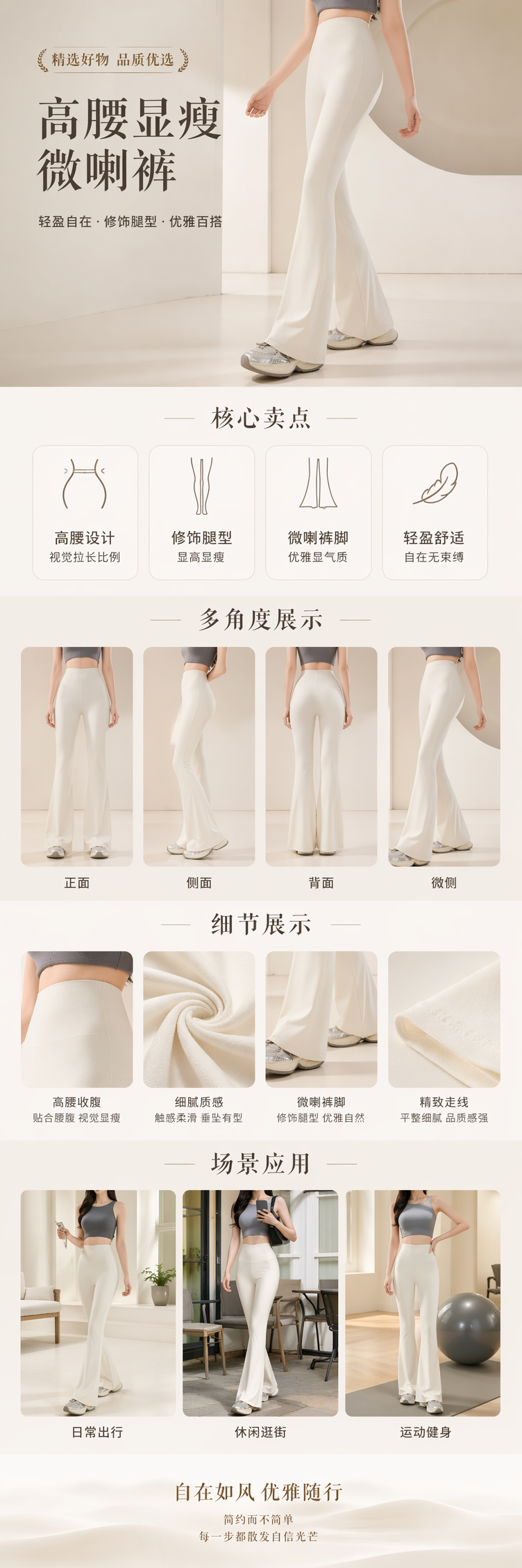 White flared pants, high-waisted, slimming and form-fitting casual trousers for women, the same style as models pic 1
