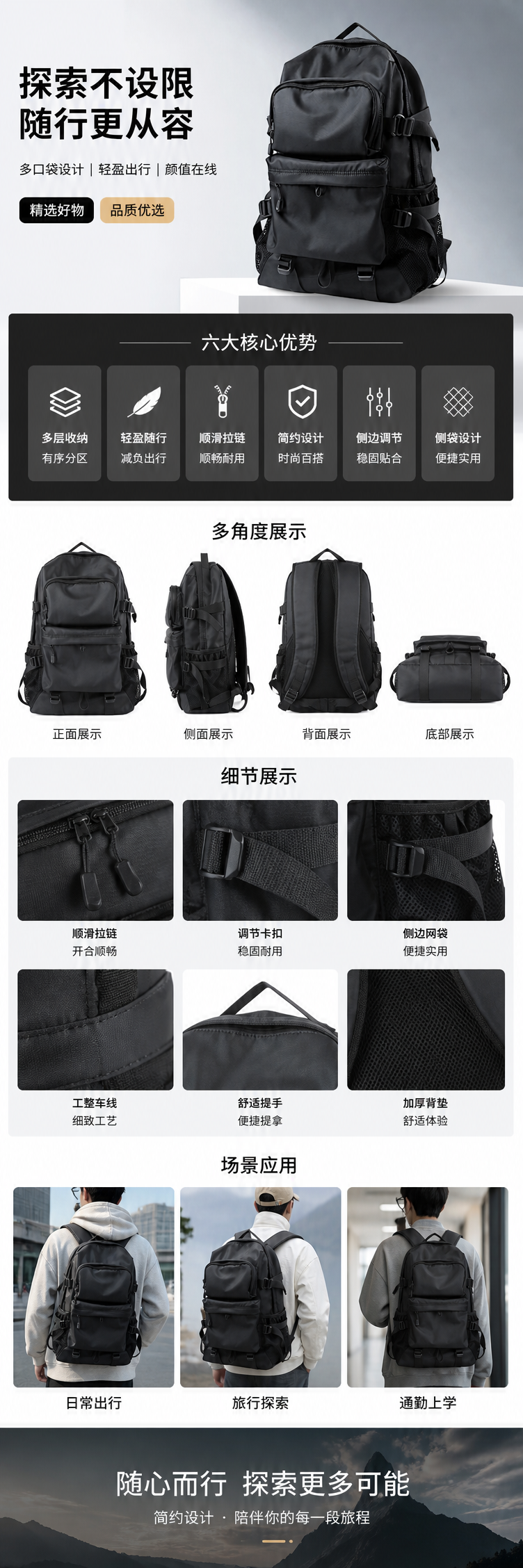 黑色双肩包耐磨尼龙通勤学生旅行背包 pic 1