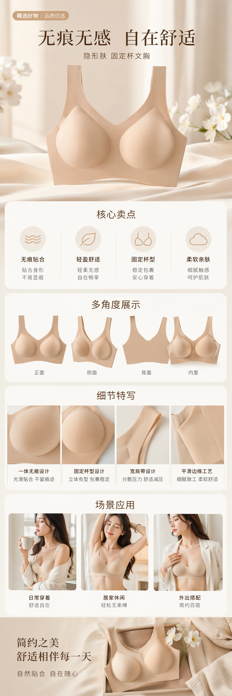 米色无钢圈文胸 舒适透气聚拢调整型女士内衣 pic 1