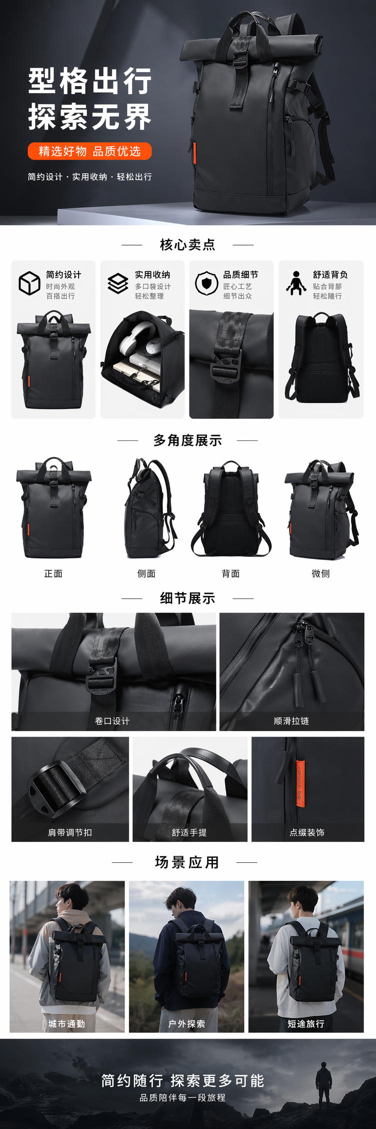 黑色双肩包轻便大容量学生通勤旅行背包 pic 1