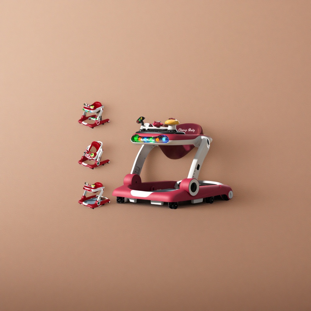 The red baby walker has a variable mode switching music toy plate with anti-rollover and bouncing function details Picture