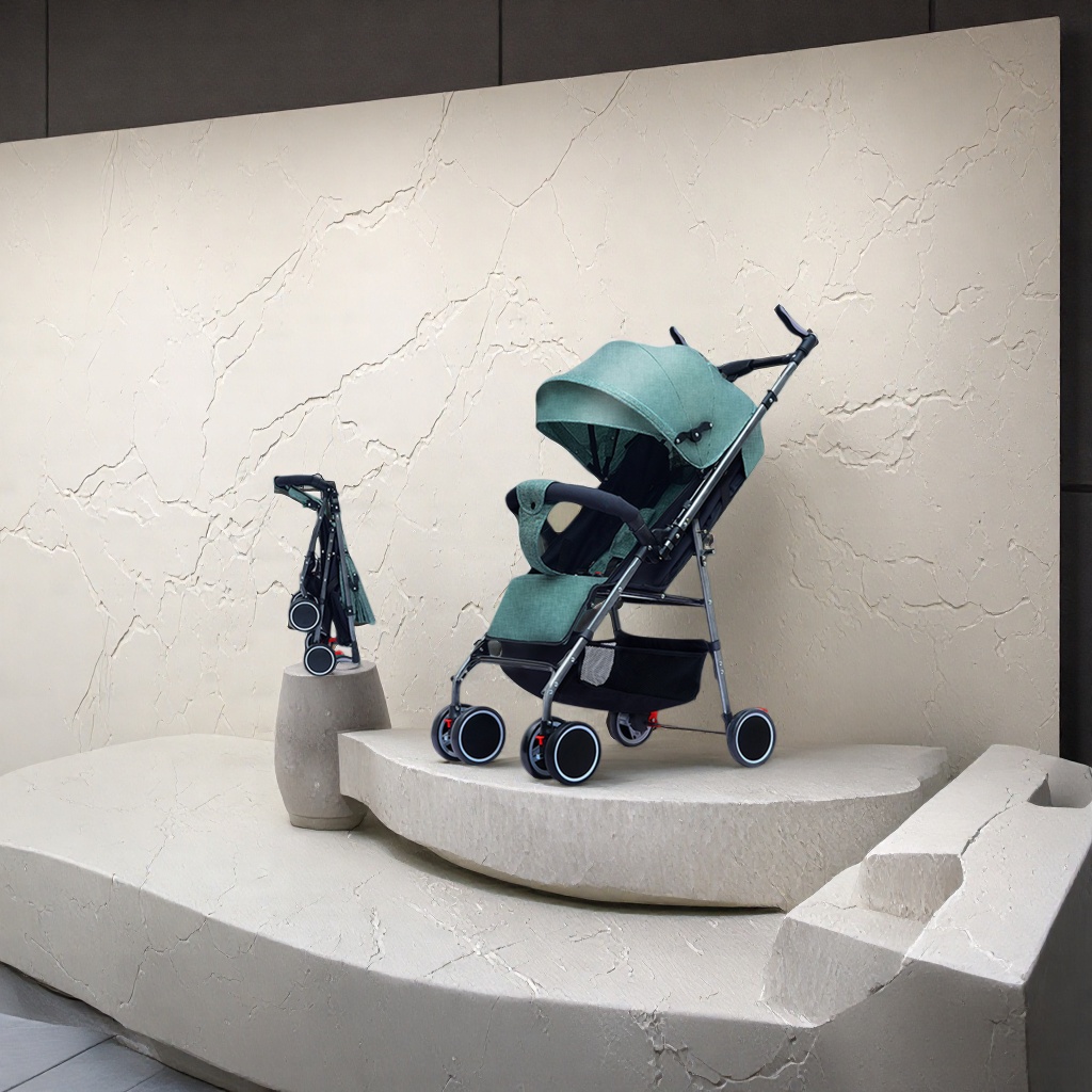 The green baby stroller is lightweight, foldable, suitable for both sitting and lying down, and features a shock-absorbing safety belt with five points Application Scenario