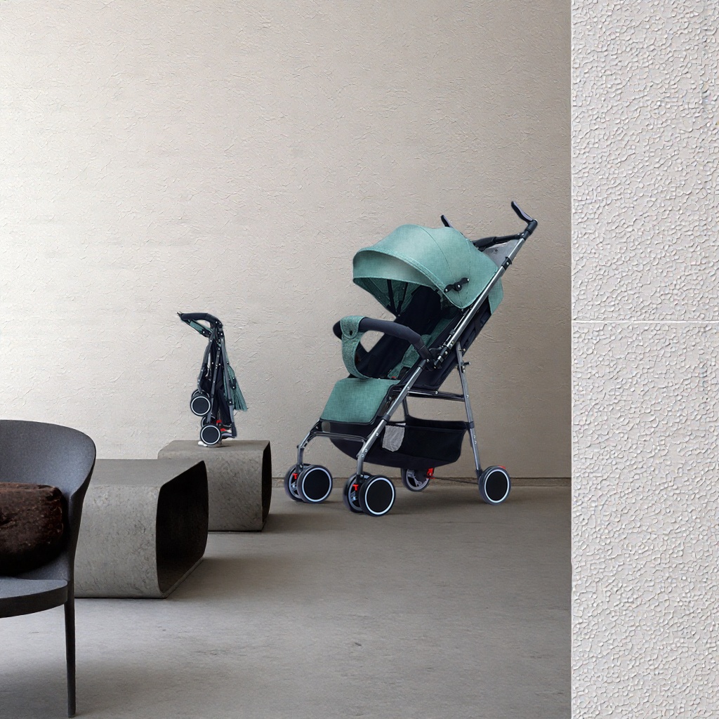 The green baby stroller is lightweight, foldable, suitable for both sitting and lying down, and features a shock-absorbing safety belt with five points