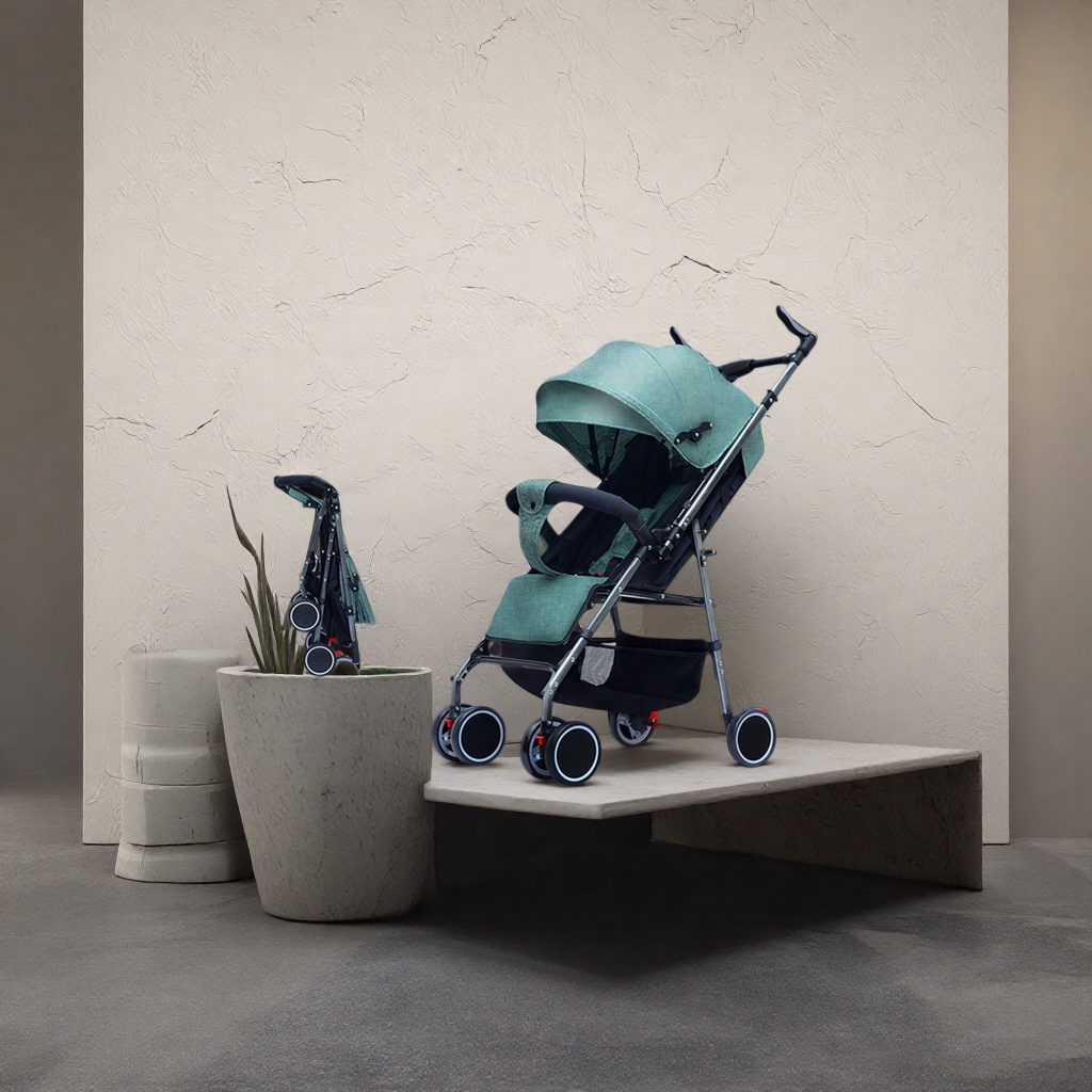 The green baby stroller is lightweight, foldable, suitable for both sitting and lying down, and features a shock-absorbing safety belt with five points Specification image