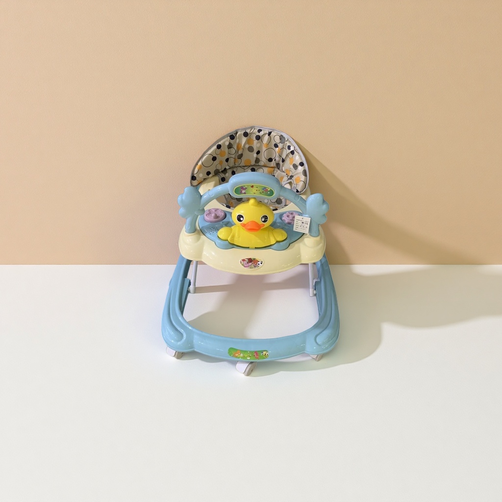 The blue baby walker is stable, anti-slip and foldable