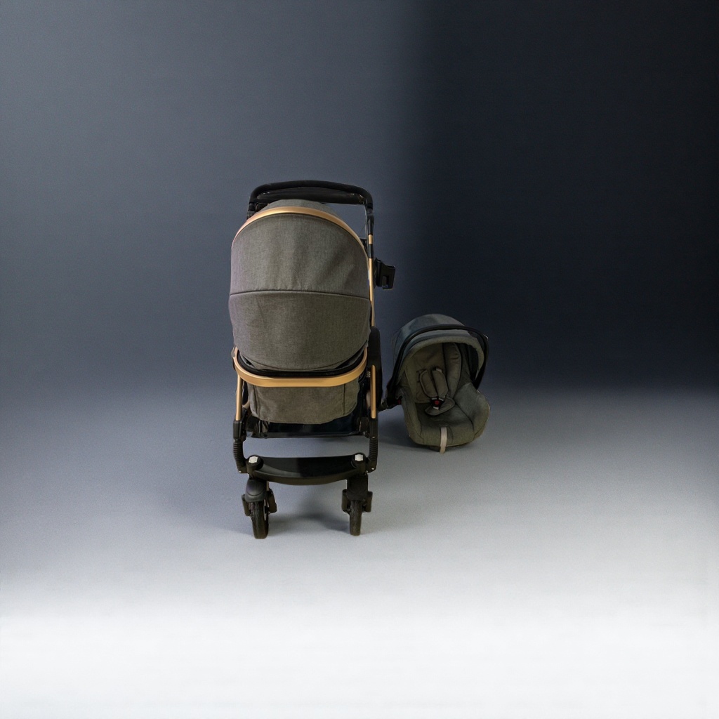 The grey baby stroller with a safety seat set is lightweight, foldable and suitable for lying down on newborns