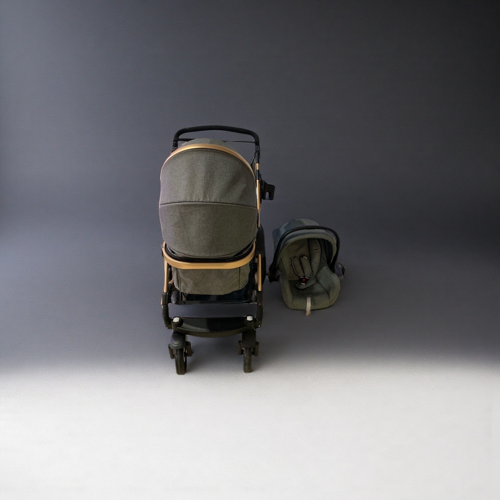 The grey baby stroller with a safety seat set is lightweight, foldable and suitable for lying down on newborns Specification image