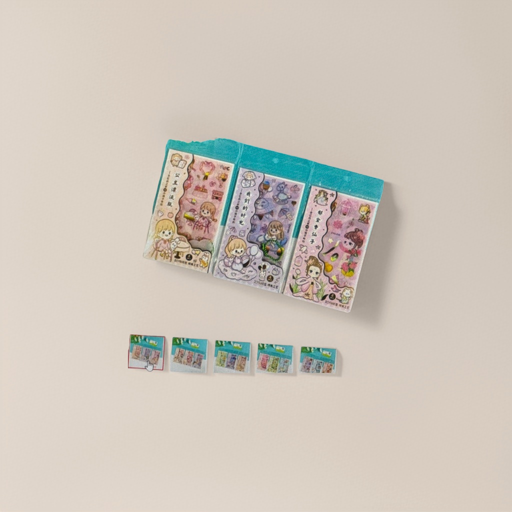粉色卡通Q版女孩小动物花朵贴纸套装三张10x17cm透明包装