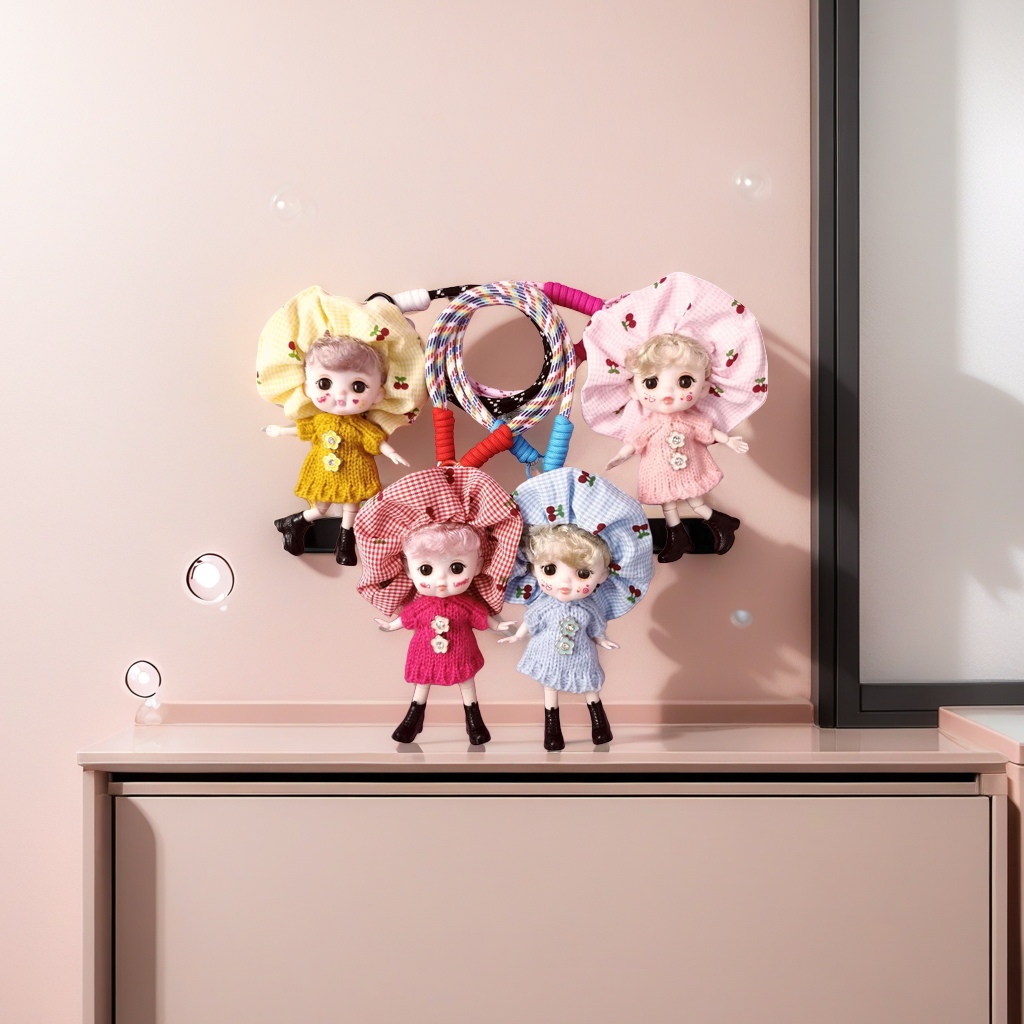 Pink background, colorful hair band, doll pendant, accessory set, doll keychain