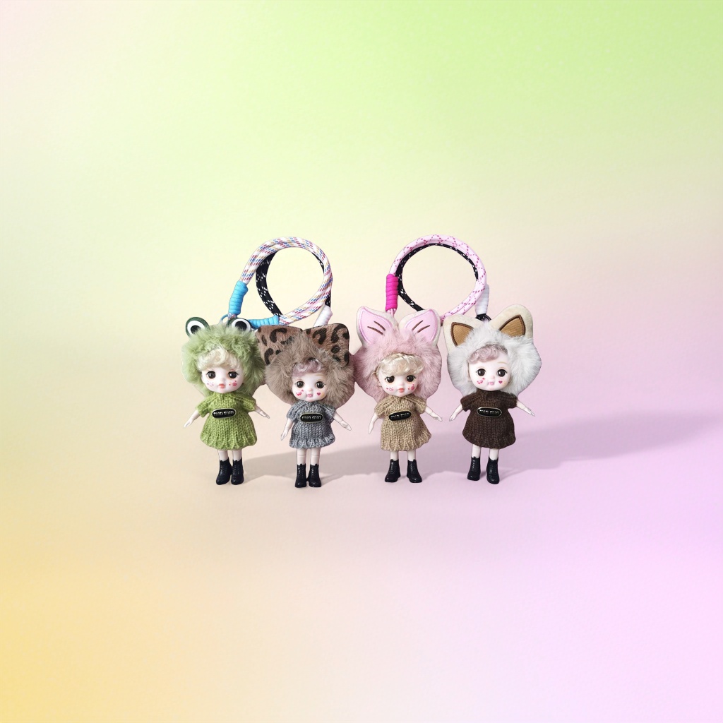 Pink background, colorful hair band, doll pendant, accessory set, doll keychain Application Scenario