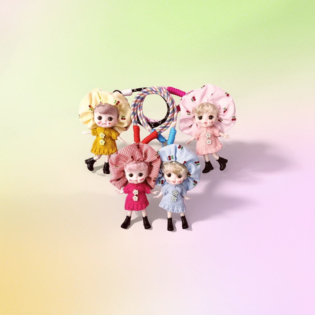 Pink background, colorful hair band, doll pendant, accessory set, doll keychain details Picture