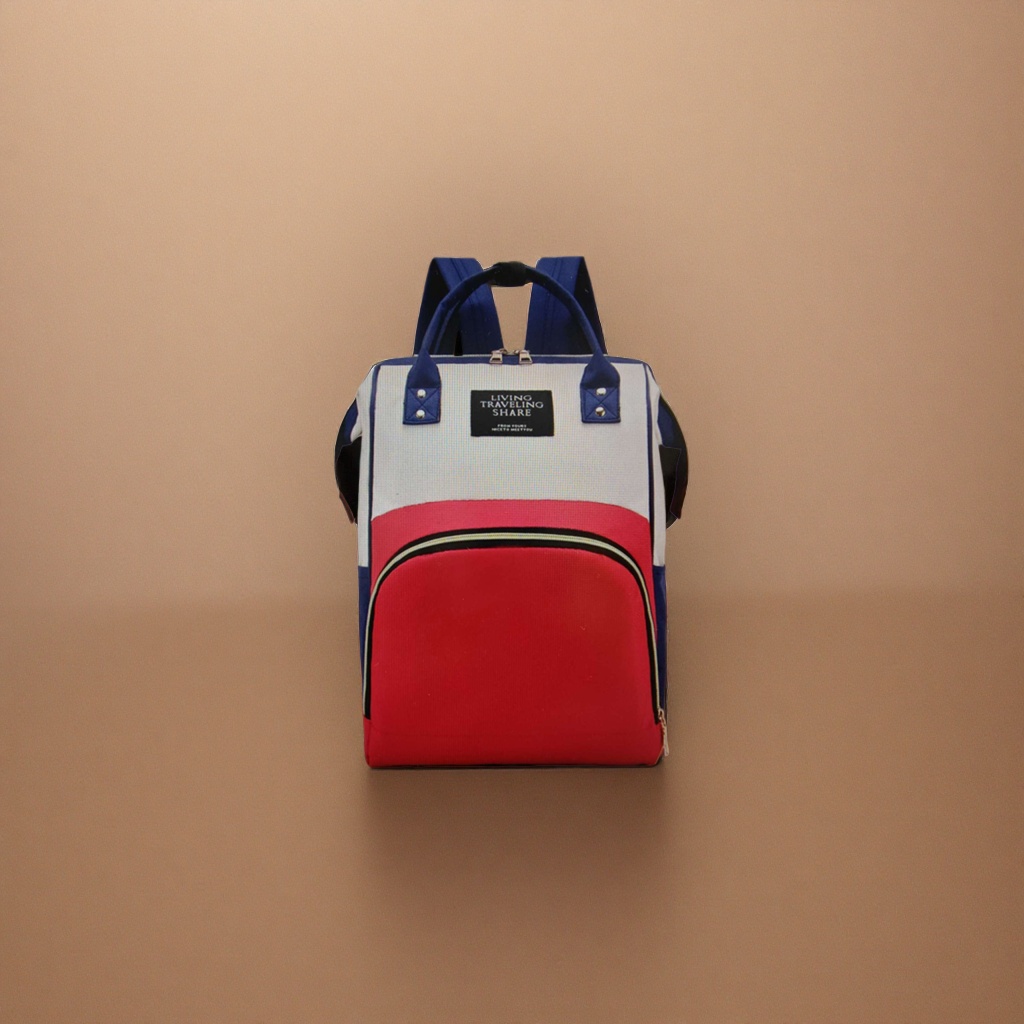 This red, white and blue trendy casual backpack is lightweight and has a large capacity for students' commuting Application Scenario