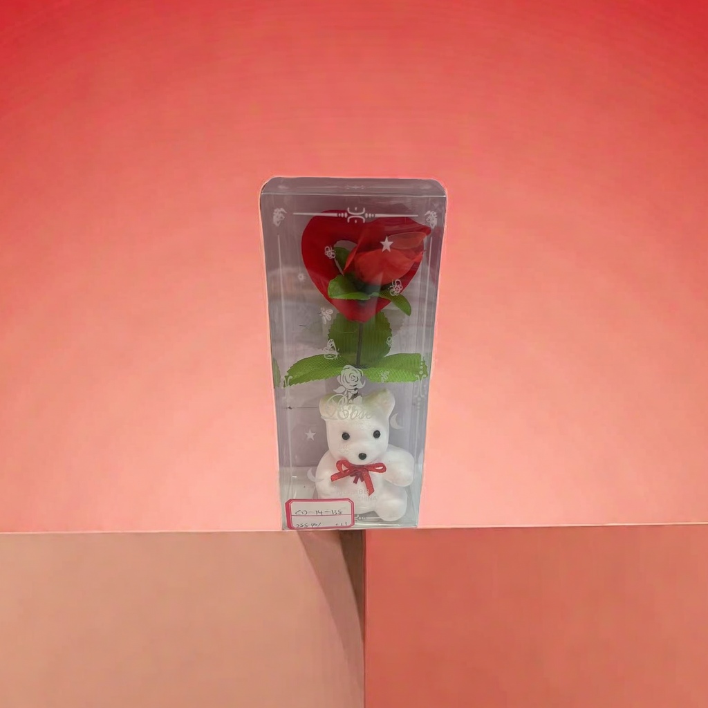 透明包装盒装红色玫瑰花配白色小熊玩偶