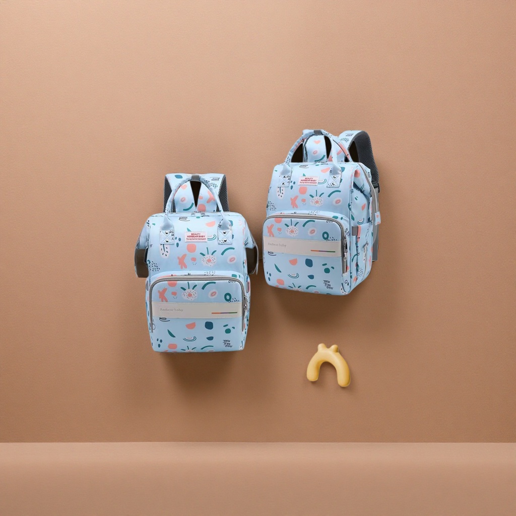 The baby backpack is marked with light blue heart-shaped fingers