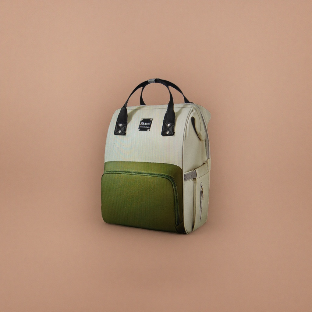 A fashionable casual backpack in a combination of off-white and military green colors Application Scenario