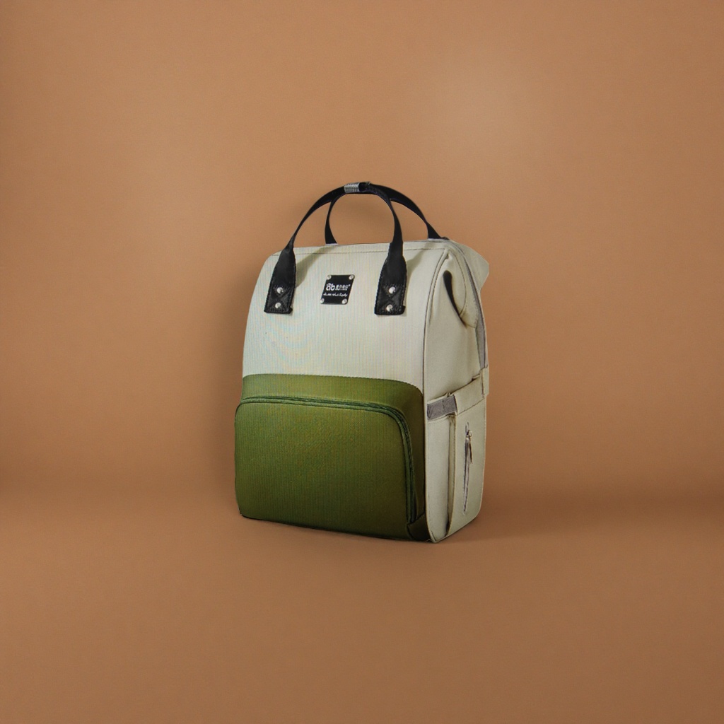 A fashionable casual backpack in a combination of off-white and military green colors Specification image