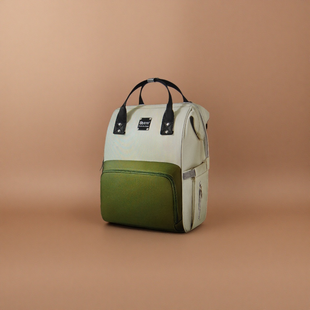 A fashionable casual backpack in a combination of off-white and military green colors