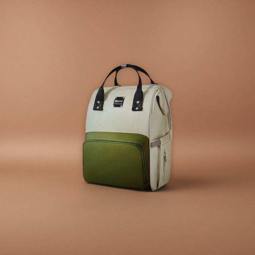 A fashionable casual backpack in a combination of off-white and military green colors details Picture