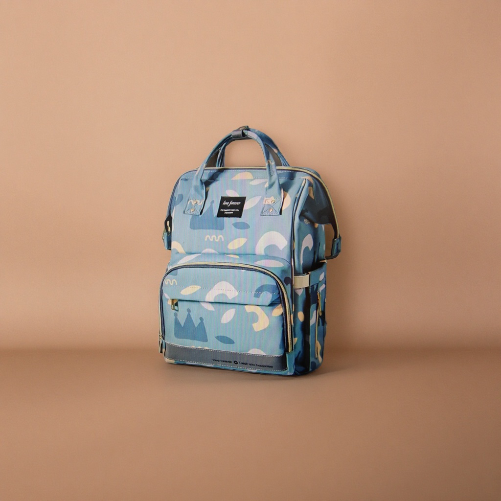 A fashionable and casual backpack with blue and white abstract patterns details Picture