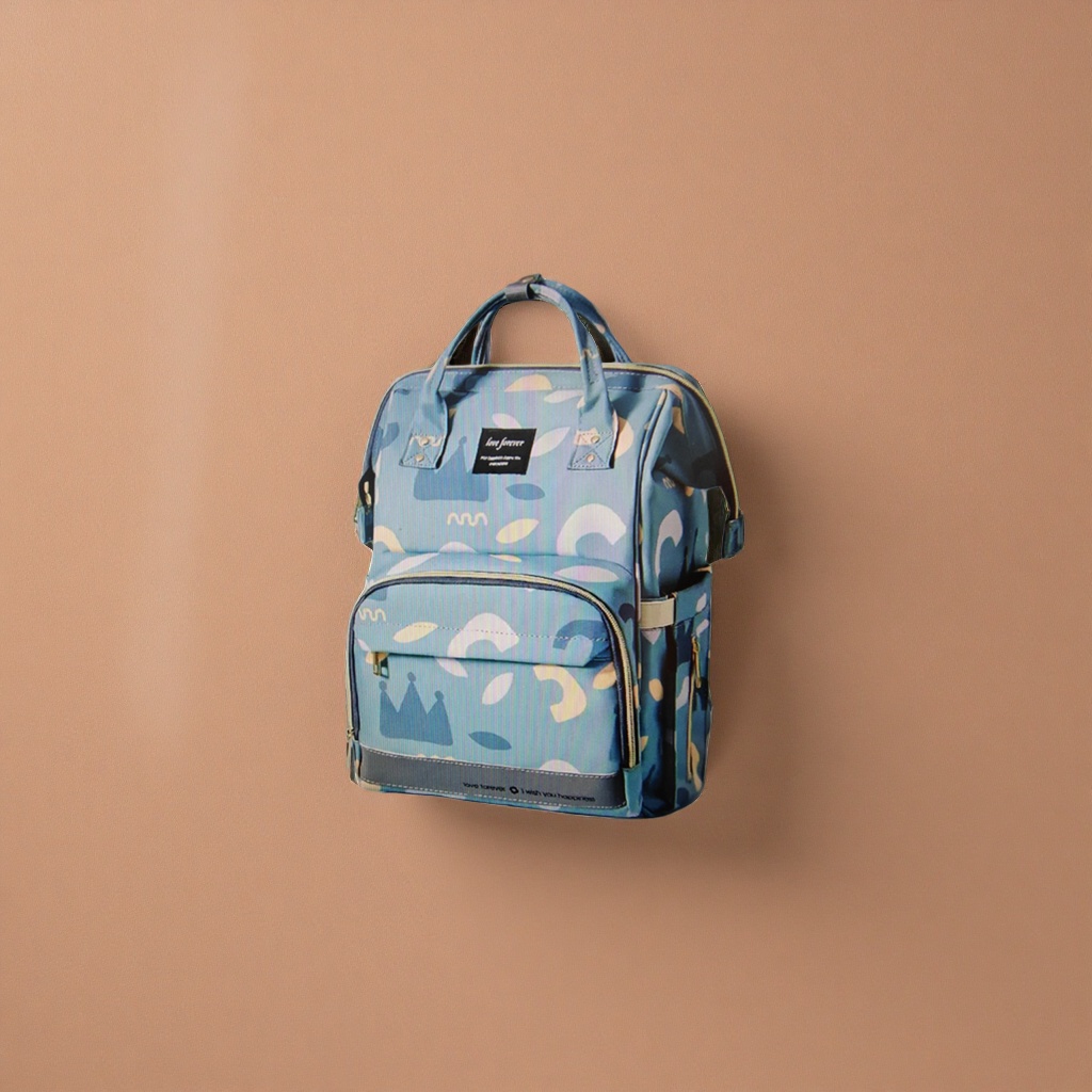A fashionable and casual backpack with blue and white abstract patterns Specification image