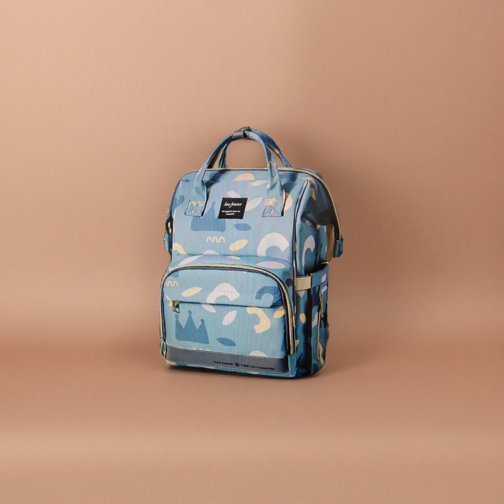 A fashionable and casual backpack with blue and white abstract patterns