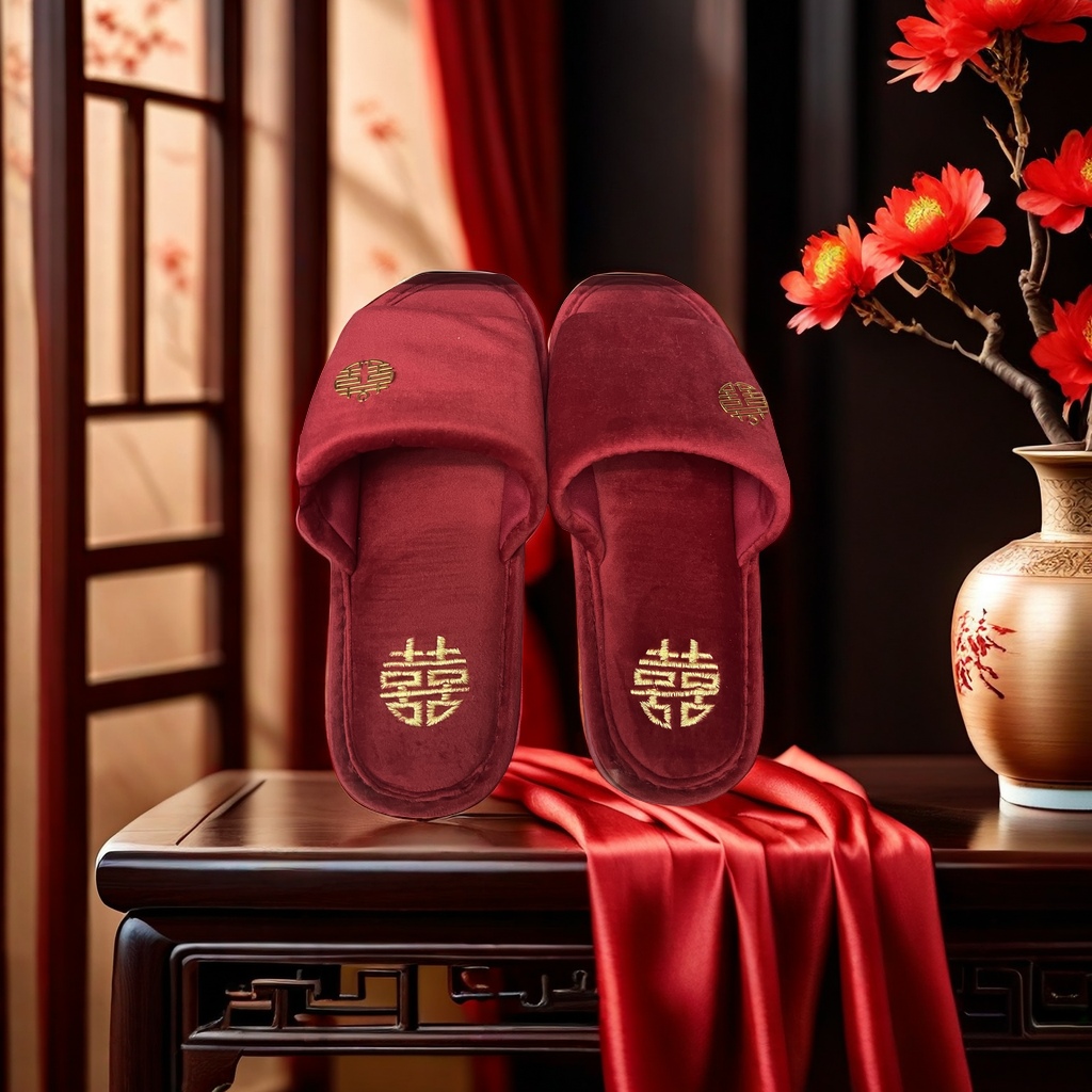 The upper and insole of the red suede slippers are embroidered with golden double happiness patterns