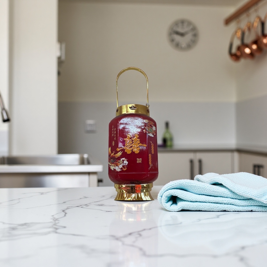 Red "Xi" character lanterns are traditional Chinese wedding decorations and hanging ornaments in the living room and entrance hall, creating a festive atmosphere