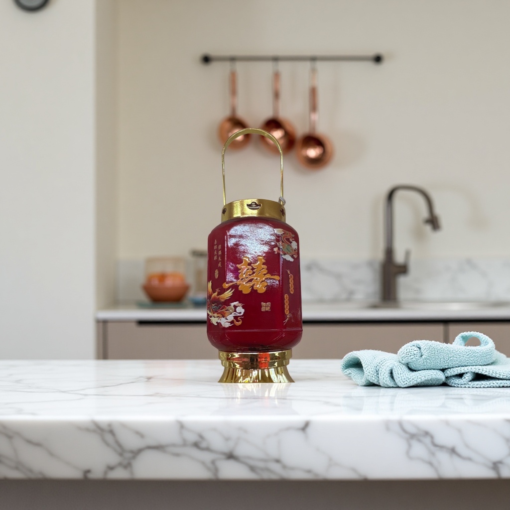 Red "Xi" character lanterns are traditional Chinese wedding decorations and hanging ornaments in the living room and entrance hall, creating a festive atmosphere details Picture