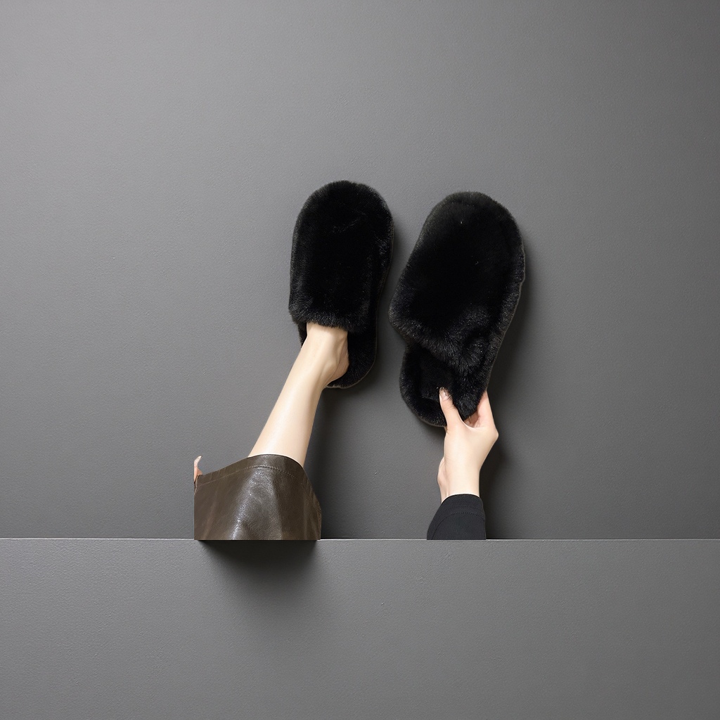 Black plush home slippers for women, thickened and warm indoor cotton slippers for men, autumn and winter styles Specification image