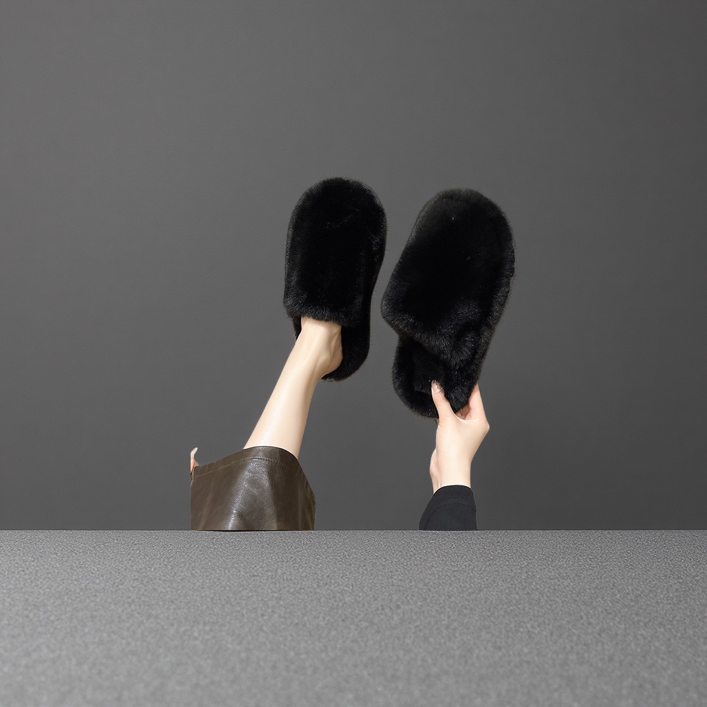Black plush home slippers for women, thickened and warm indoor cotton slippers for men, autumn and winter styles
