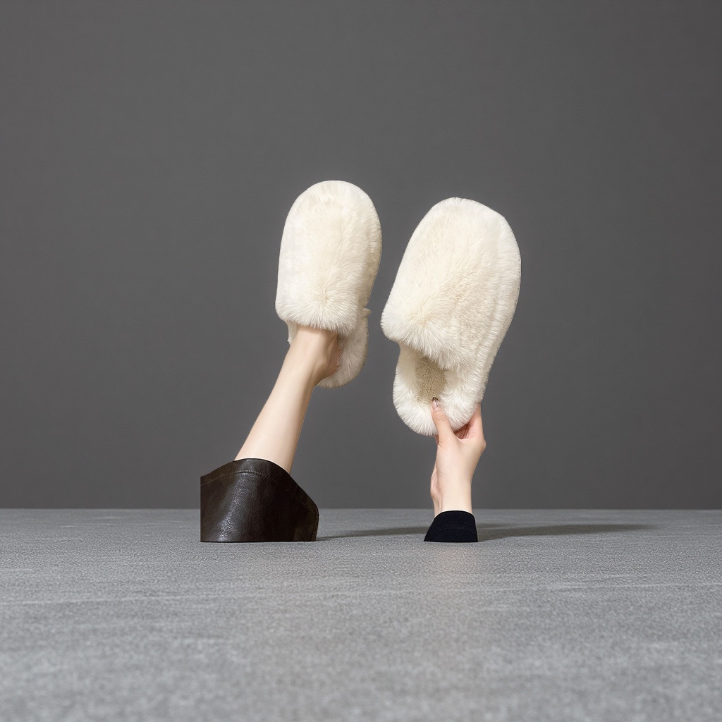 White plush slippers for women, warm cotton slippers, indoor anti-slip soft soles, autumn and winter styles