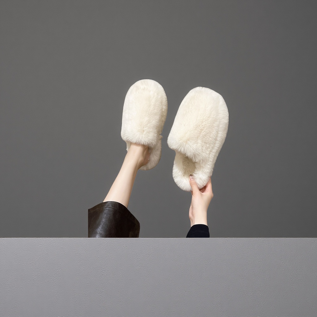 White plush slippers for women, warm cotton slippers, indoor anti-slip soft soles, autumn and winter styles details Picture