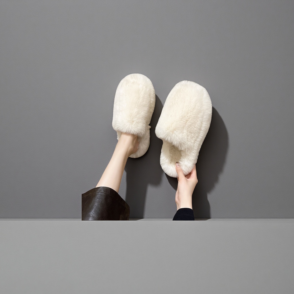 White plush slippers for women, warm cotton slippers, indoor anti-slip soft soles, autumn and winter styles Specification image