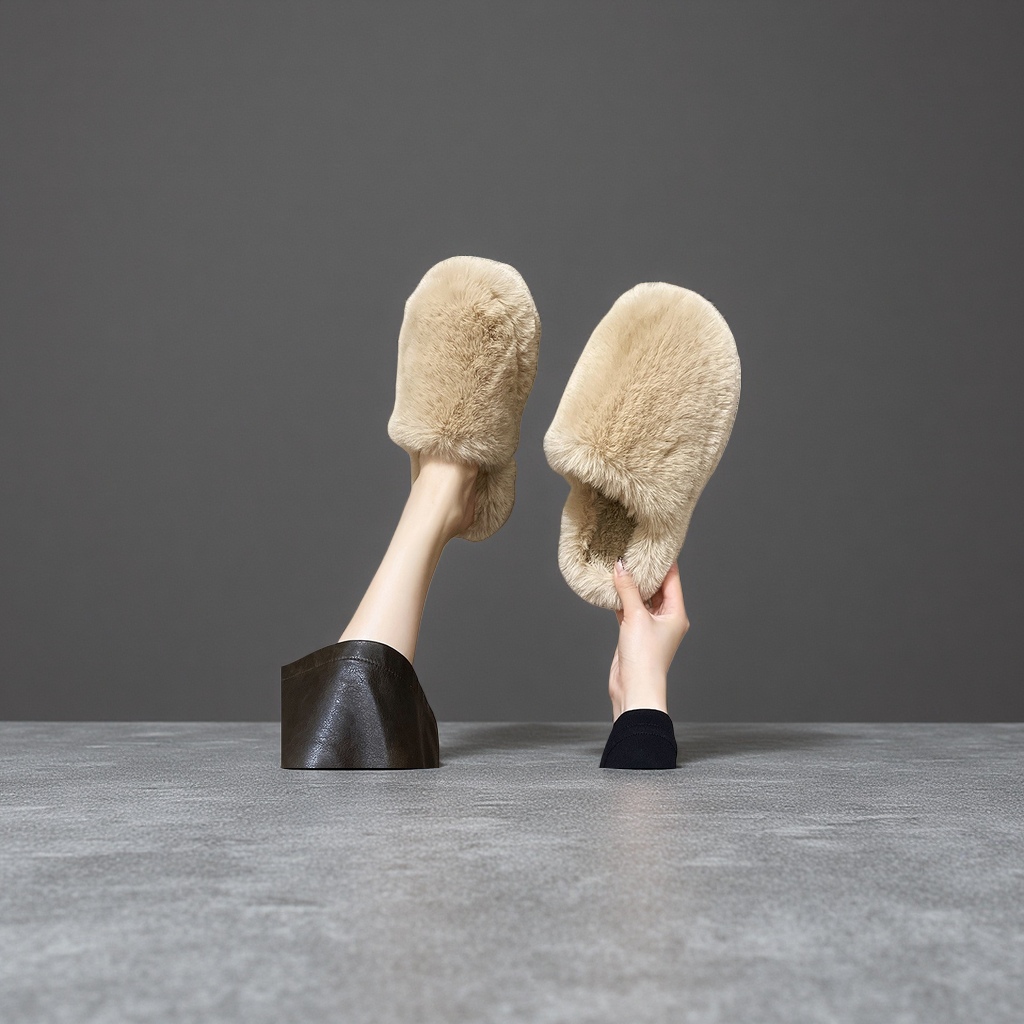 Beige plush home slippers for women, warm and anti-slip cotton slippers, indoor home soft soles