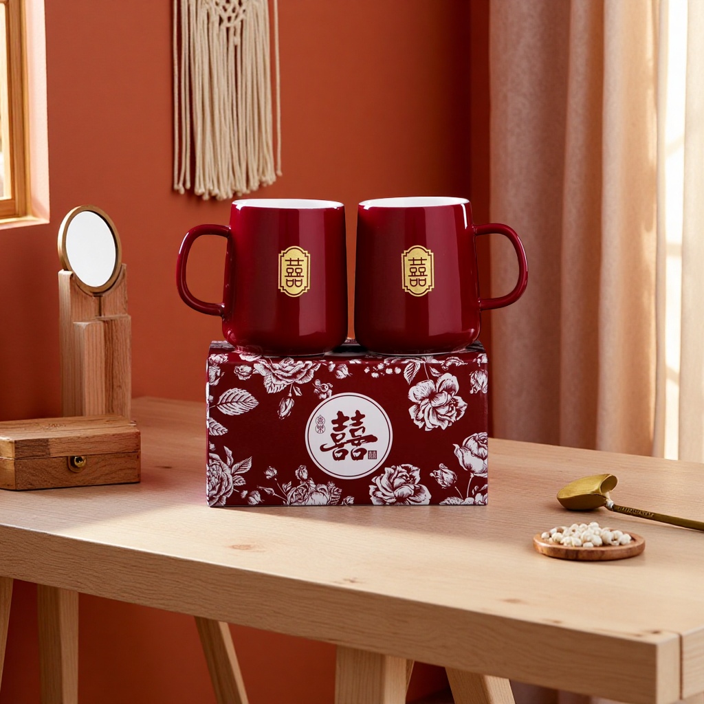 A pair of red Double Happiness ceramic mugs set for home use, featuring simple tea and coffee cups details Picture