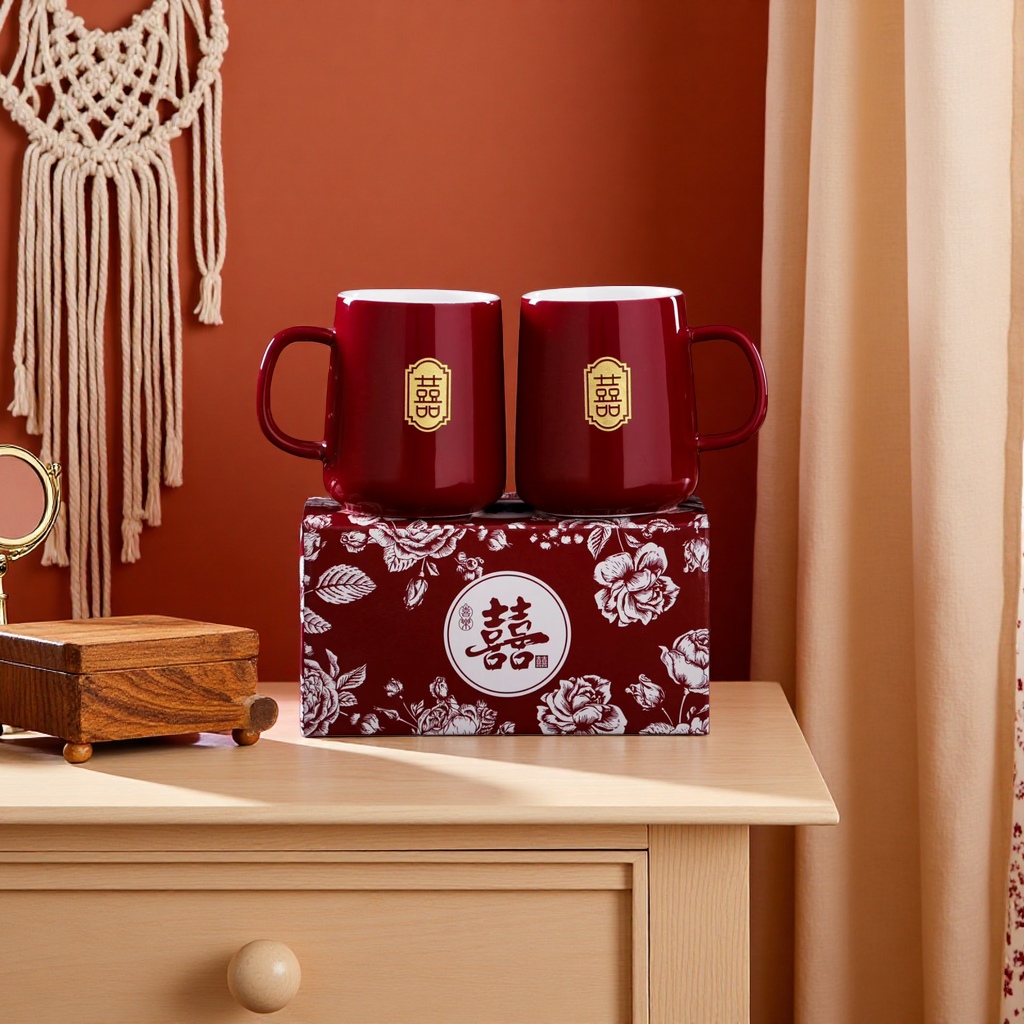 A pair of red Double Happiness ceramic mugs set for home use, featuring simple tea and coffee cups Application Scenario