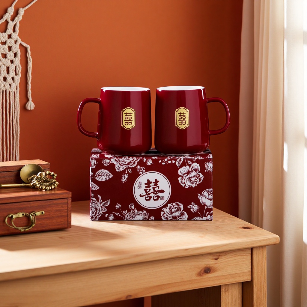 A pair of red Double Happiness ceramic mugs set for home use, featuring simple tea and coffee cups Specification image